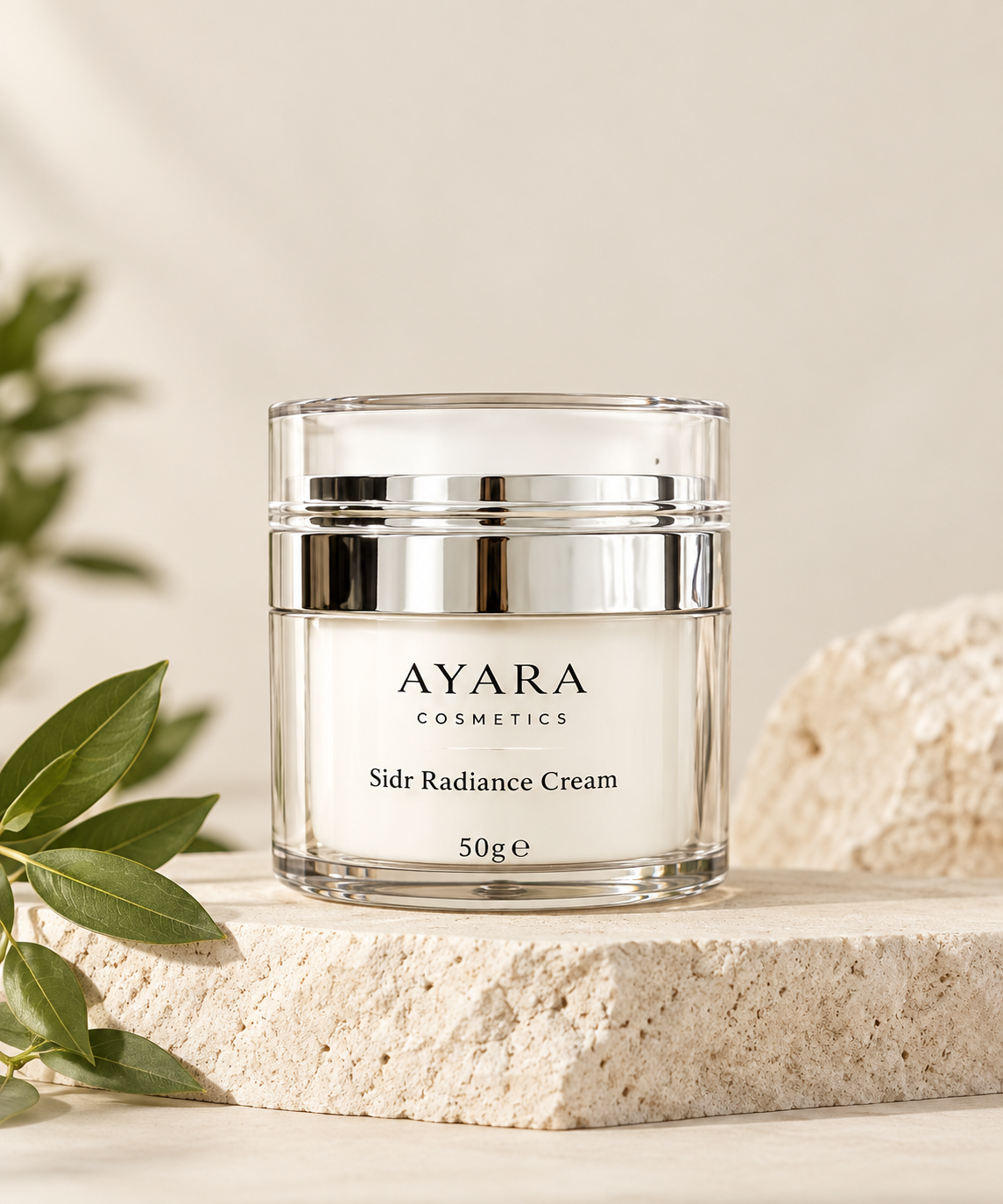AYARA COSMETICS Sidr Radiance Cream 50g on warm ivory stone background